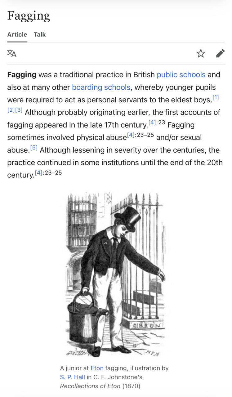 Fagging Article Talk Fagging was a traditional practice in British public schools and also at many other boarding schools, whereby younger pupils were required to act as personal servants to the eldes
