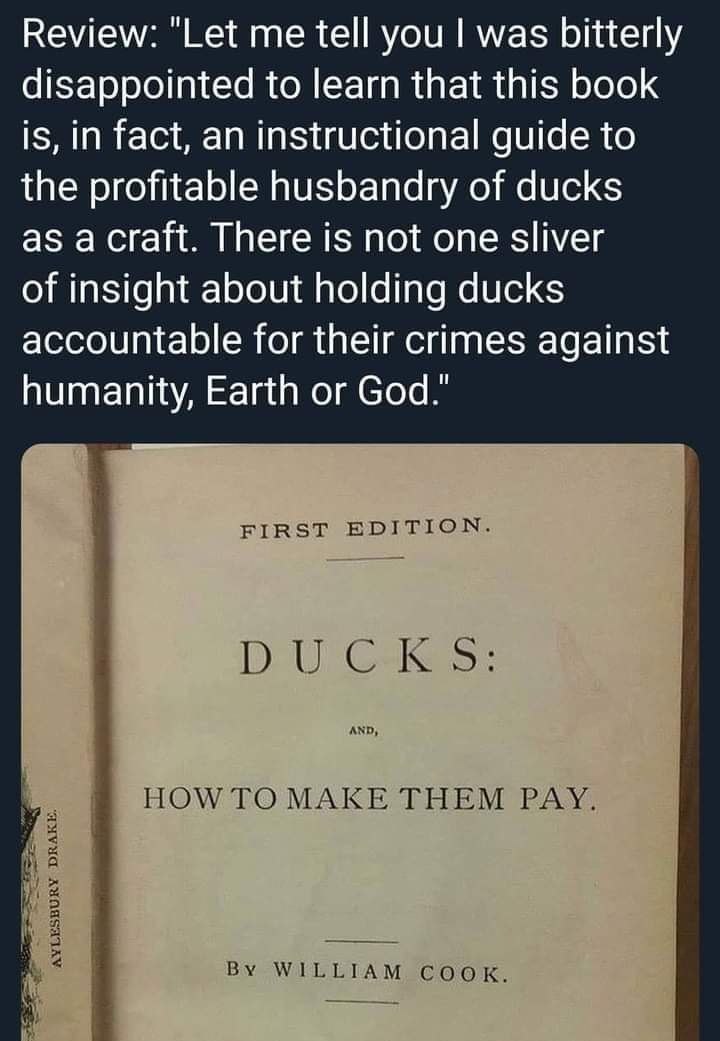 Review: "Let me tell you was bitterly disappointed to learn that this book is, in fact, an instructional guide to the profitable husbandry of ducks as There is not one sliver of insight about holding 