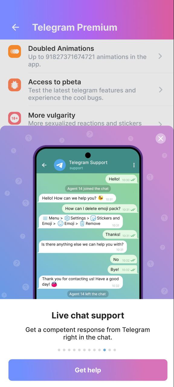 Telegram Premium Doubled Animations Up to 91827371674721 animations in the app. Access to pbeta Test the latest telegram features and experience the cool bugs. More reactions а stick Telegram Support 