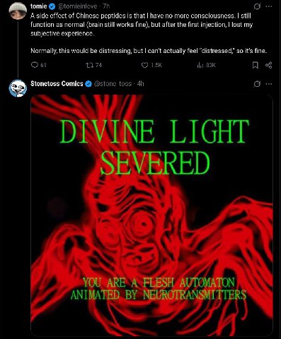 tomie @tomieinlove A side effect of Chinese peptides is that have no more consciousness. still function as normal (brain still works fine), but after the first injection, lost my subjective experience