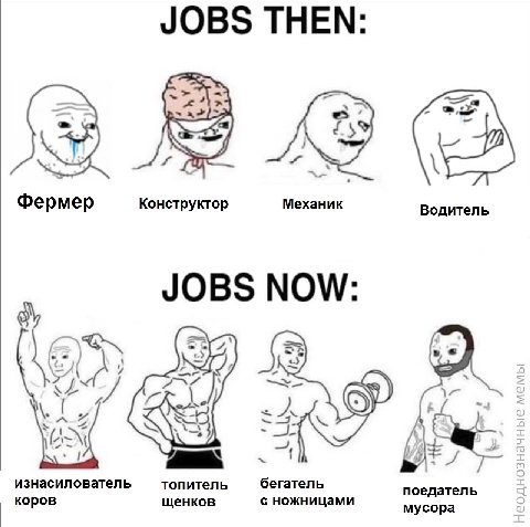 JOBS THEN: 3 Из №9 Фермер Конструктор Механик Водитель JOBS NOW: 9 A А whe 6) а 520 изнасилователь топитель бегатель поедатель коров щенков с ножницами мусора о