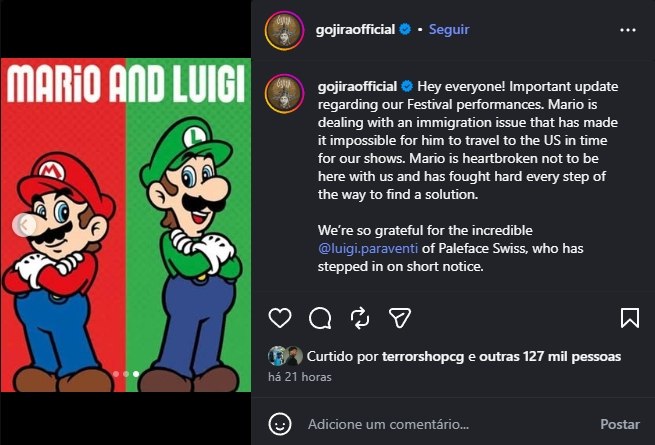 gojiraofficial Seguir gojiraofficial Hey everyone! Important update ‘3 regarding our Festival performances. Mario is dealing with an immigration issue that has made it impossible for him to travel to 