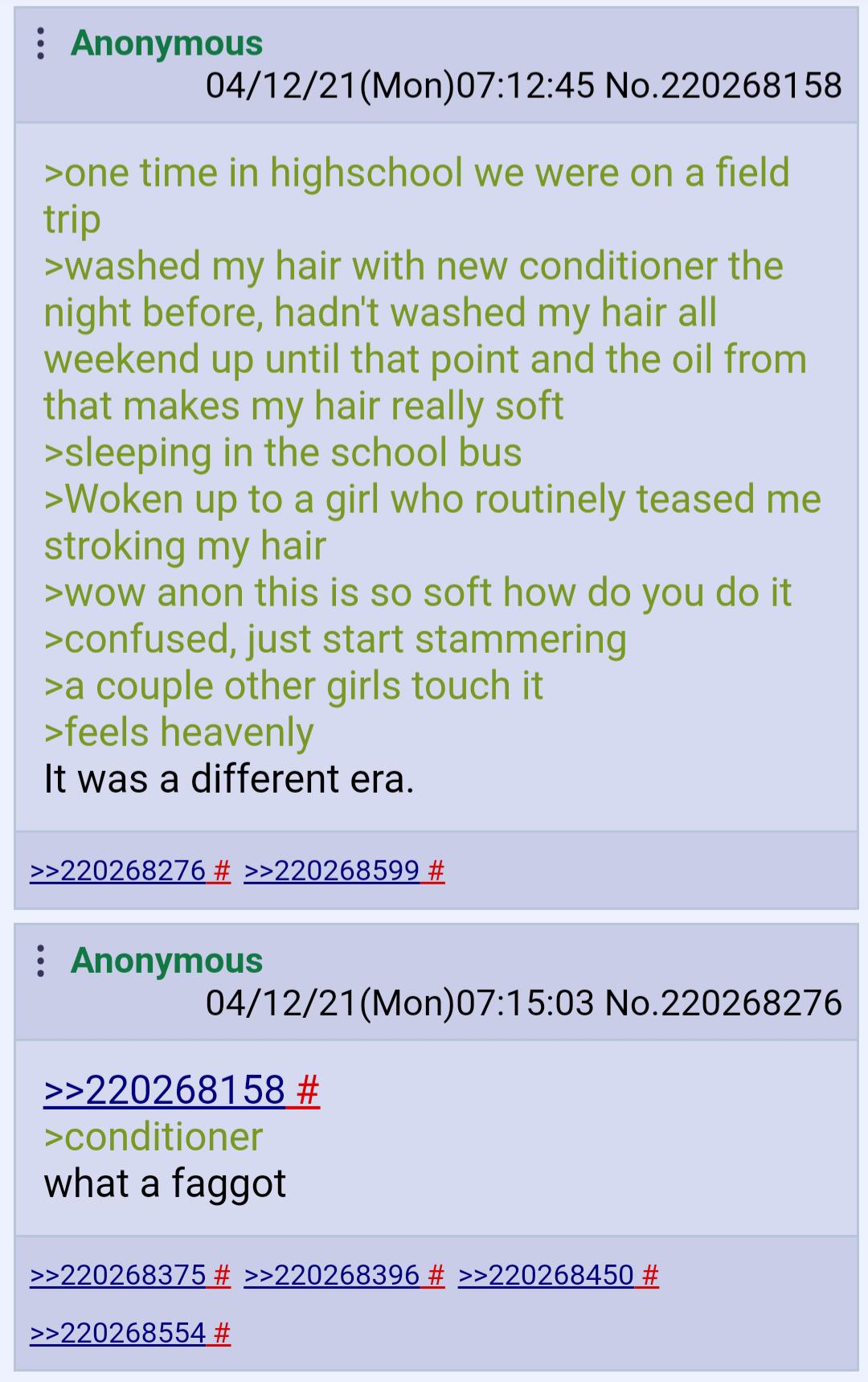 Anonymous 04/12/21(Mon)07:12:45 No.220268158 >one time in highschool we were on a field trip >washed my hair with new conditioner the night before, hadn't washed my hair all weekend up until that poin