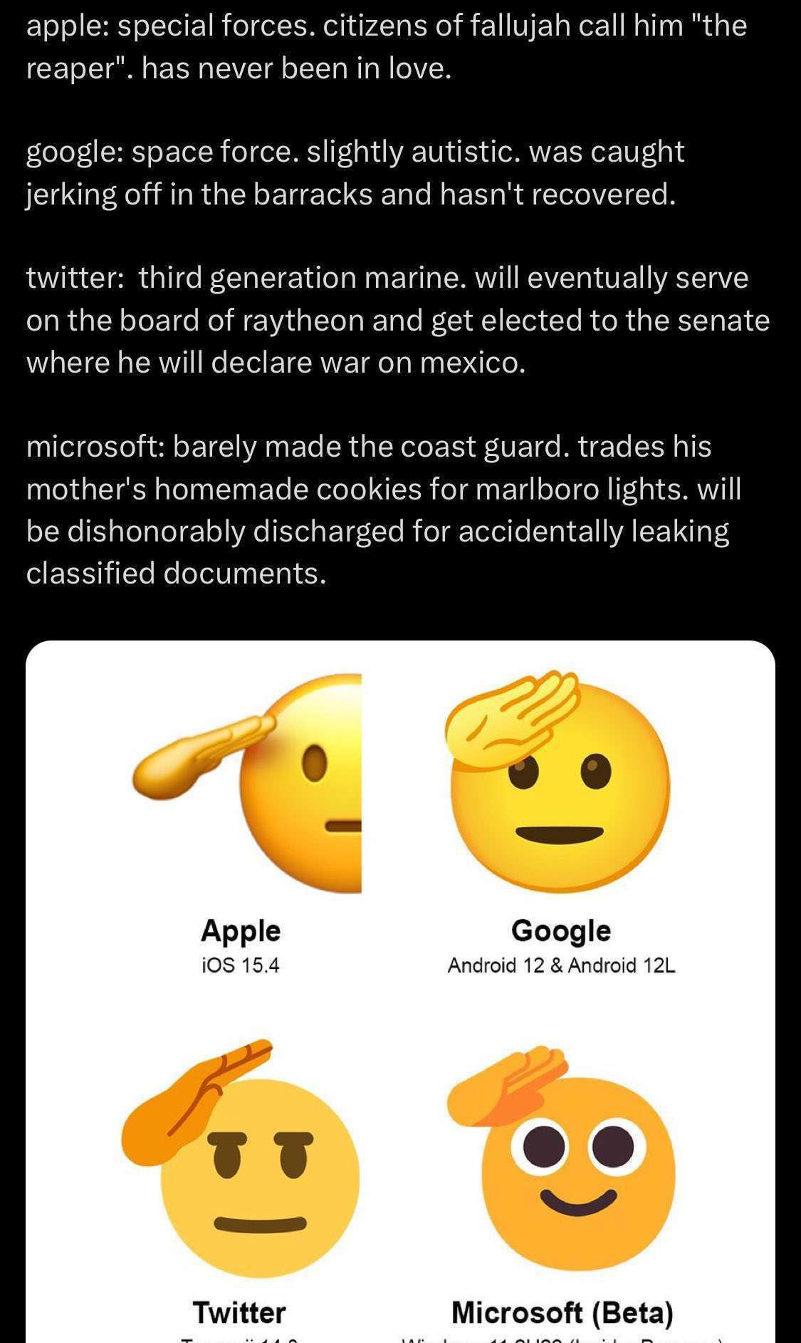 apple: special forces. citizens of fallujah call him "the reaper". has never been in love. google: space force. slightly autistic. was caught jerking off in the barracks and hasn't recovered. twitter: