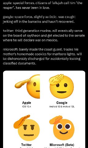 apple: special forces. citizens of fallujah call him "the reaper". has never been in love. google: space force. slightly autistic. was caught jerking off in the barracks and hasn't recovered. twitter: