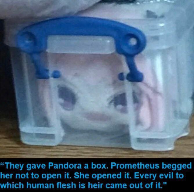 “They gave Pandora a box. Prometheus begged her not to open it. She opened it. Every evil to hich human flesh is heir came out of И."