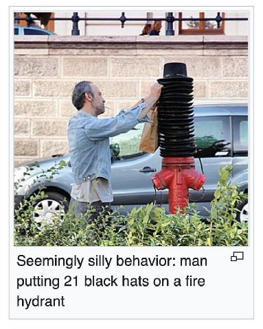 the Seemingly silly behavior: man putting 21 black hats on a fire hydrant