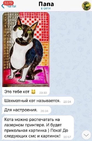 Папа в сети ane у Это тебе кот Шахматный кот называется. 29-24 Для настроения. Кота можно распечатать на лазерном принтере. И будет прикольная картинка Пока! До следующих смс и картинок! 95:5