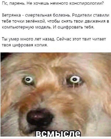 парень. Не хочешь немного конспирологии? Ветрянка смертельная болезнь. Родители ставили тебе точки зелёнкой, чтобы снять твои движения в компьютерную модель. И оцифровать тебя. Ты умер много лет назад