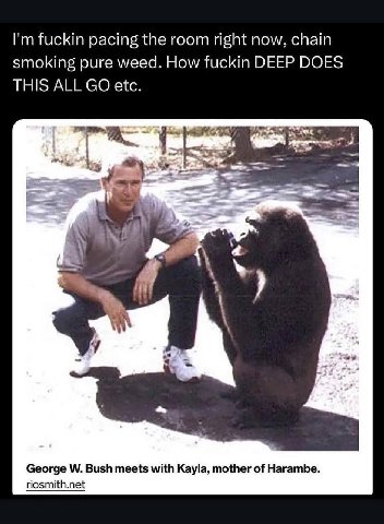 fuckin pacing the room right now, chain smoking pure weed. How fuckin DEEP DOES THIS ALL etc. у George Bush meets with Kayla, mother of Harambe. riosmith.net
