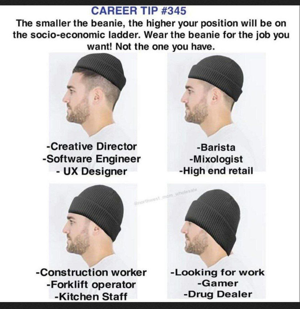 CAREER TIP #345 The smaller the beanie, the higher your position will be on the socio-economic ladder. Wear the beanie for the job you want! Not the one you have. -Creative Director -Barista -Software