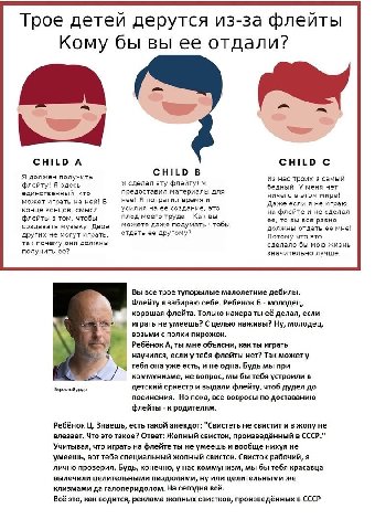 Трое детей дерутся из-за флейты Кому бы вы ее отдали? a CHILD А CHILD С Я должен получить CHILD В Из нас троих я самый флейту! Я здесь Я сделал эту флейту! Я бедный! У меня нет единственный, кто предо