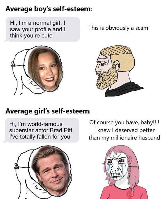 Average self-esteem: a normal girl, saw your profile and This is obviously a scam think you’re cute Я) Average girl's self-esteem: world-famous Of course you have, baby!!!! superstar actor Brad Pitt, 