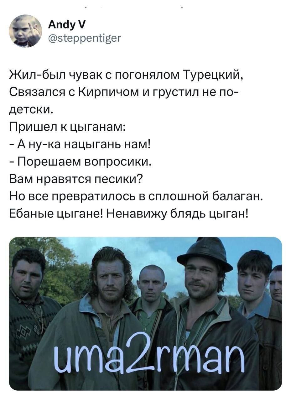 5 Andy @steppentiger Жил-был чувак с погонялом Турецкий, Связался с Кирпичом и грустил не по- детски. Пришел к цыганам: Ану-ка нацыгань нам! Порешаем вопросики. Вам нравятся песики? Но все превратилос