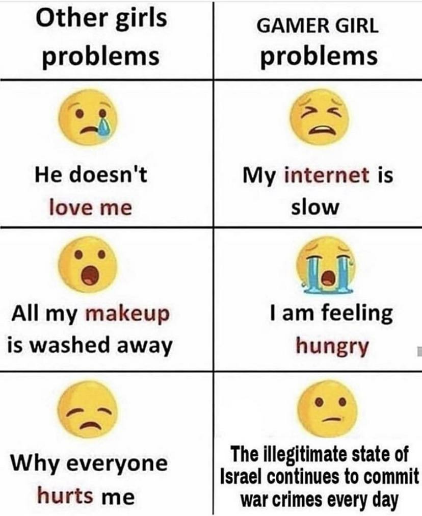 Other girls GAMER GIRL problems problems He doesn't My internet is love me slow 8 All makeup feeling is washed away hungry Why everyone The illegitimate state of Israel continues to commit hurts me wa