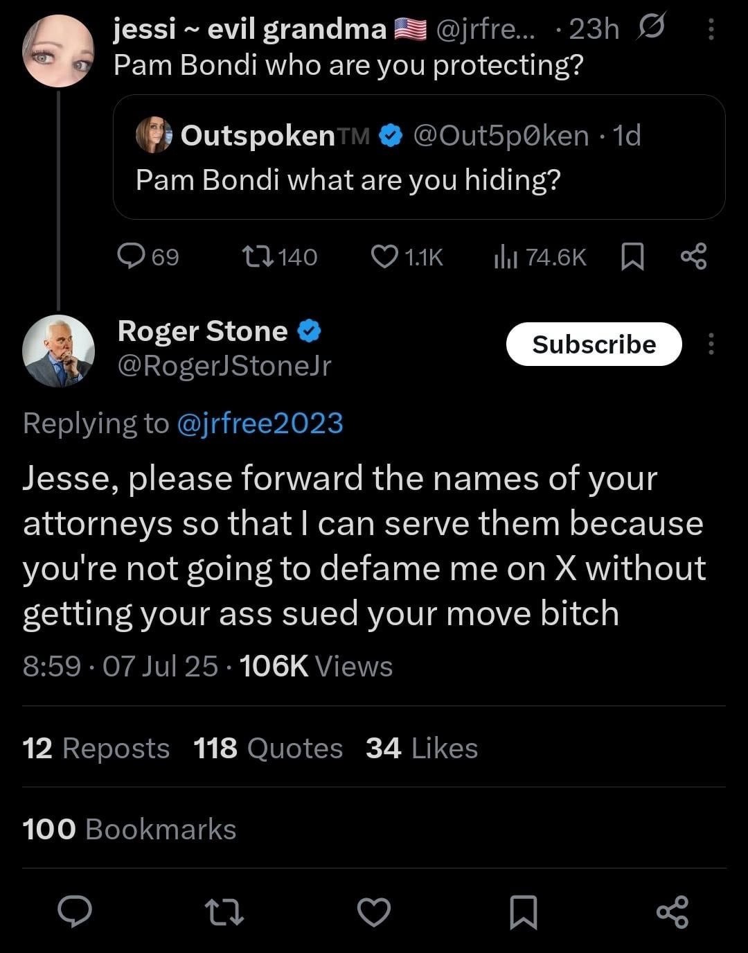 Trump's longest serving political advisor, Roger Stone Jr. just threatened to sue someone for defamation over the Epstein files.

He wasn't mentioned.