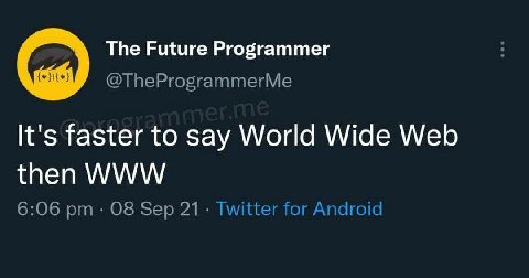 The Future Programmer @TheProgrammerMe It's faster to say World Wide Web then WWW 6:06 08 Sep 21 Twitter for Android
