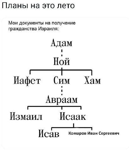 Планы на это лето Мои документы на получение гражданства Израиля: Адам Ной Иафет Хам Сим Авраам Измаил Исаак Исав Комаров Иван Сергеевич