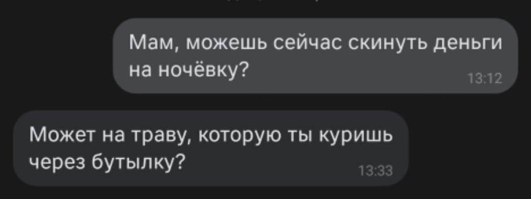 Мам, можешь сейчас скинуть деньги на ночёвку? 13:12 Может на траву, которую ты куришь через бутылку?