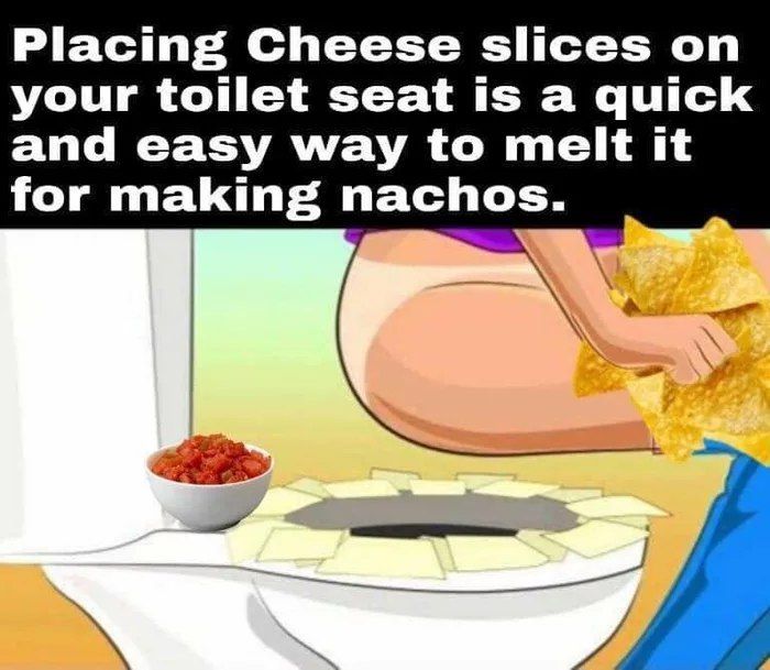 Placing Cheese slices on your toilet seat is a quick and easy way to melt it for making nachos.