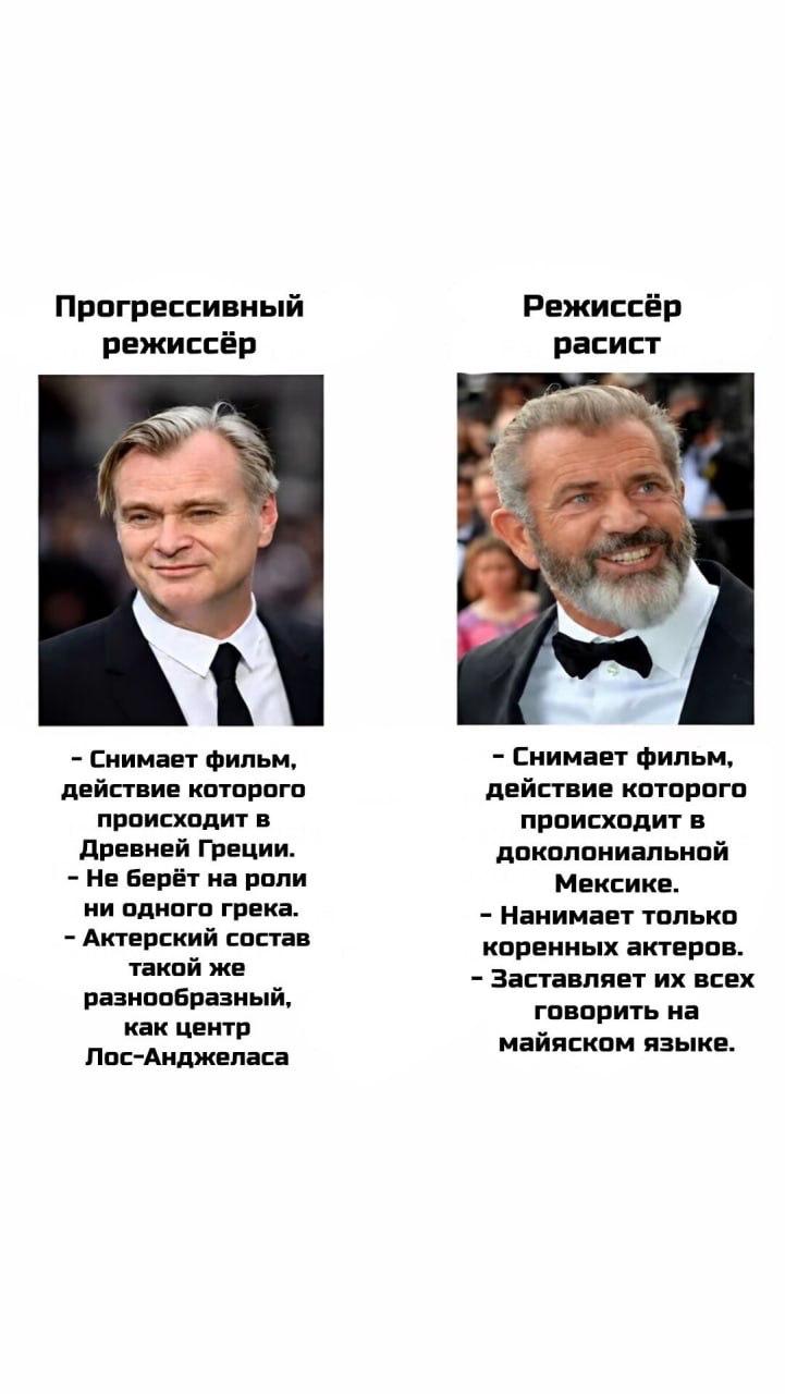 Прогрессивный Режиссёр режиссёр расист Снимает фильм, Снимает фильм, действие которого действие которого происходит в происходит в Древней Греции. доколониальной Не берёт на роли Мексике. ни одного гр