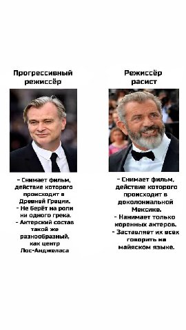 Прогрессивный Режиссёр режиссёр расист Снимает фильм, Снимает фильм, действие которого действие которого происходит в происходит в Древней Греции. доколониальной Не берёт на роли Мексике. ни одного гр