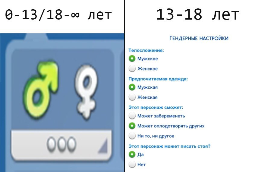 лет 13-18 лет ГЕНДЕРНЫЕ НАСТРОЙКИ Телосложение: о Мужское Женское Предпочитаемая одежда: о Мужская Женская Этот персонаж сможет: Может забеременеть о Может оплодотворять других Ни то, ни другое Этот п