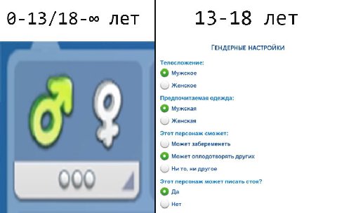 лет 13-18 лет ГЕНДЕРНЫЕ НАСТРОЙКИ Телосложение: о Мужское Женское Предпочитаемая одежда: о Мужская Женская Этот персонаж сможет: Может забеременеть о Может оплодотворять других Ни то, ни другое Этот п