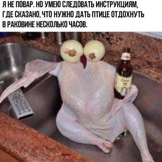 ЯНЕ ПОВАР. НО УМЕЮ СЛЕДОВАТЬ ИНСТРУКЦИЯМ, ГДЕ СКАЗАНО, ЧТО НУЖНО ДАТЬ ПТИЦЕ ОТДОХНУТЬ ВРАКОВИНЕ НЕСКОЛЬКО ЧАСОВ.
