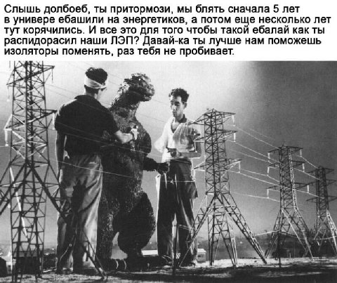 Слышь долбоеб, ты притормози, мы блять сначала 5 лет в универе ебашили на энергетиков, а потом еще несколько лет тут корячились. И все это для того чтобы такой ебалай как ты распидорасил наши ЛЭП? Дав