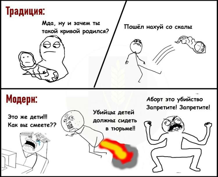 Традиция: Мда, ну и зачем ты такой кривой родился? Пошёл нахуй скалы Аборт это убийство Модерн: Запретите! Запретите! Это же дети!! Убийцы детей должны сидеть Как вы смеете?? в тюрьме!!