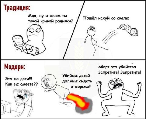 Традиция: Мда, ну и зачем ты такой кривой родился? Пошёл нахуй скалы Аборт это убийство Модерн: Запретите! Запретите! Это же дети!! Убийцы детей должны сидеть Как вы смеете?? в тюрьме!!