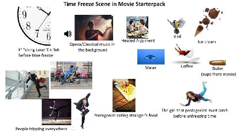 Time Freeze Scene in Movie Starterpack 8 Dream 4) Bird Heated Opera/Classical music in Ice cream F**cking Loud Tik-Tok the background before time freeze Water Coffee Bullet I 11 (Superhero movie) 3 Th