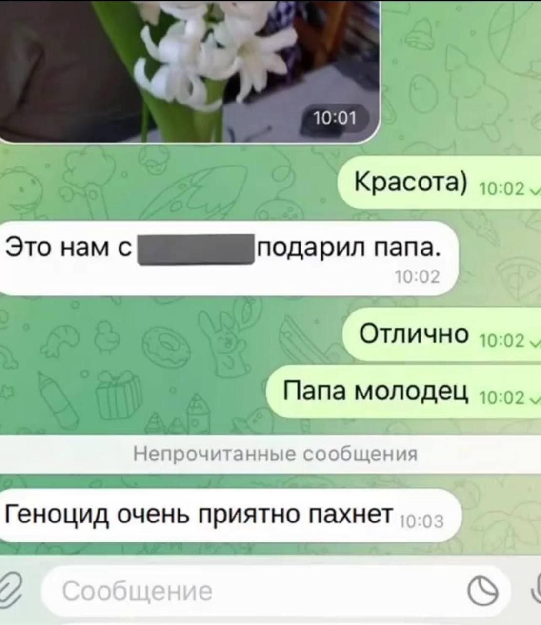 4 10:01 Красота) Это нам с подарил папа. 10:02 Отлично Папа молодец Непрочитанные сообщения Геноцид очень приятно пахнет