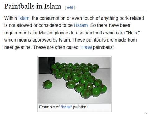 Paintballs in Within the consumption or even touch of anything pork-related is not allowed or considered to be Haram. So there have been requirements for Muslim players to use paintballs which are "Ha
