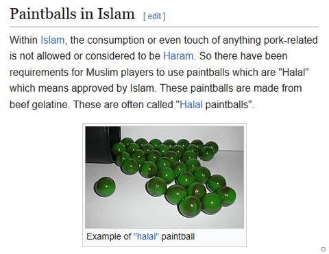 Paintballs in Within the consumption or even touch of anything pork-related is not allowed or considered to be Haram. So there have been requirements for Muslim players to use paintballs which are "Ha
