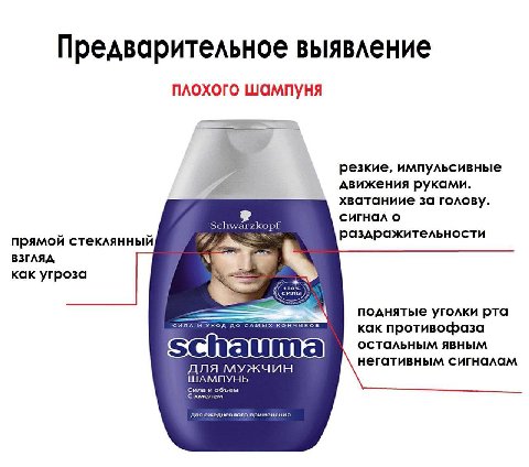Предварительное выявление плохого шампуня резкие, импульсивные движения руками. хватаниие за голову. Schwa сигнал о kopf раздражительности прямой стеклянный ВЗГЛЯД, как угроза поднятые уголки рта <илА