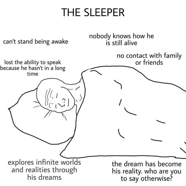 THE SLEEPER nobody knows how he can't stand being awake is still alive no contact with family lost the ability to speak or friends because he hasn't in a long time explores infinite worlds the dream h