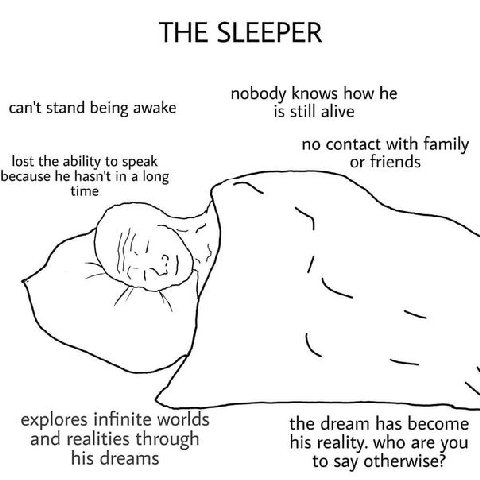 THE SLEEPER nobody knows how he can't stand being awake is still alive no contact with family lost the ability to speak or friends because he hasn't in a long time explores infinite worlds the dream h