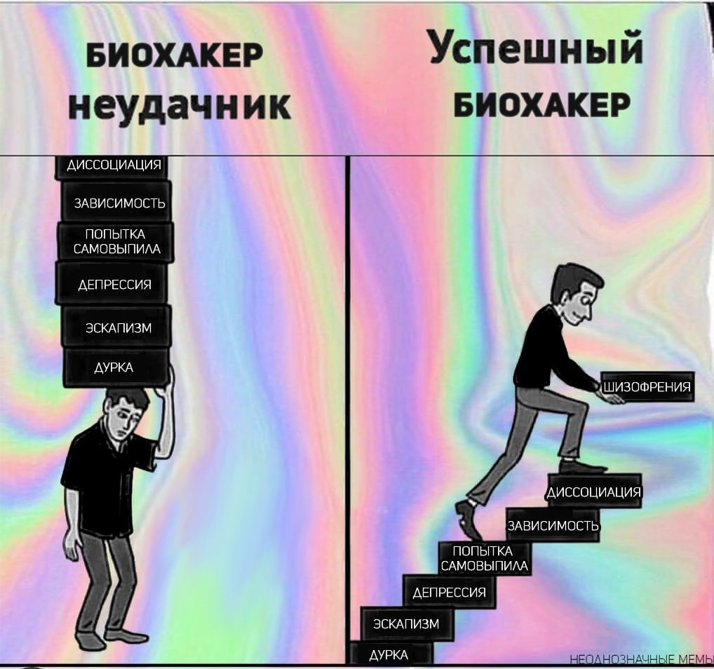 БИОХАКЕР Успешный БИОХАКЕР неудачник ДИССОЦИАЦИЯ ЗАВИСИМОСТЬ ПОПЫТКА САМОВЫПИЛА ДЕПРЕССИЯ ЭСКАПИЗМ ДУРКА ЗАВИСИМОСТЬ ПОПЫТКА САМОВЫПИЛА ДЕПРЕССИЯ ЭСКАПИЗМ ДУРКА НЕОДНОЗНАЧНЫЕ MEM,