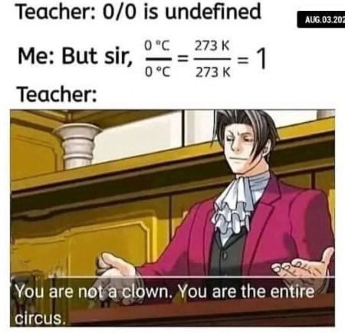 Teacher: 0/0 is undefined 273 К But sir, =1 Teacher: You are nota clown. You are the entire circus.