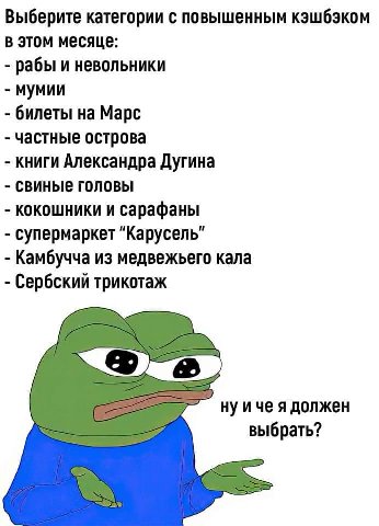 Выберите категории с повышенным кэшбэком в этом месяце: рабы и невольники мумии билеты на Марс частные острова книги Александра Дугина свиные головы кокошники и сарафаны супермаркет "Карусель" Камбучч