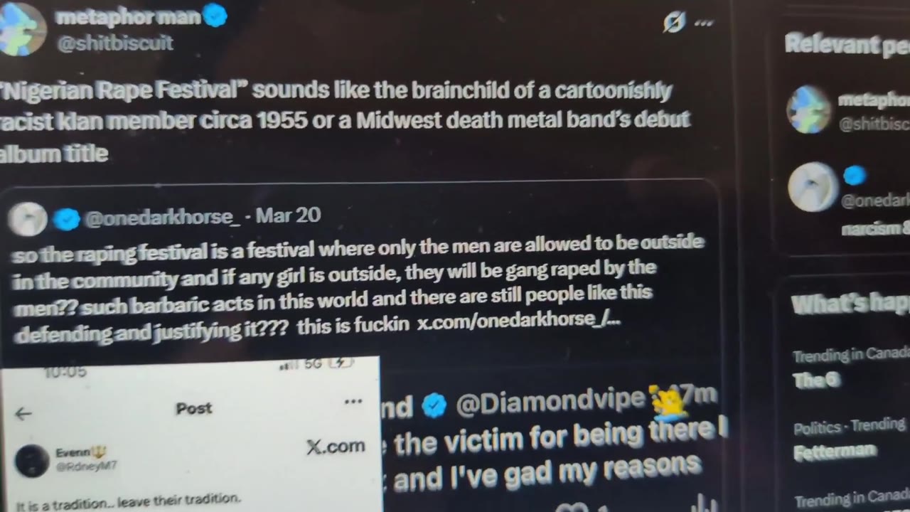 Nigerian Rape Festival” sounds like the brainchild of a cartoonishly acist Kian member circa 1955 or a Midwest death metal band’s debut + ан album title у © @onedarkhorse_- Mar 20 © Зопедай so the rap
