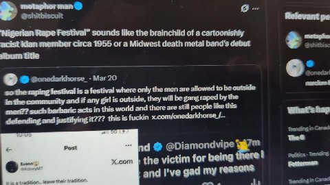 Nigerian Rape Festival” sounds like the brainchild of a cartoonishly acist Kian member circa 1955 or a Midwest death metal band’s debut + ан album title у © @onedarkhorse_- Mar 20 © Зопедай so the rap
