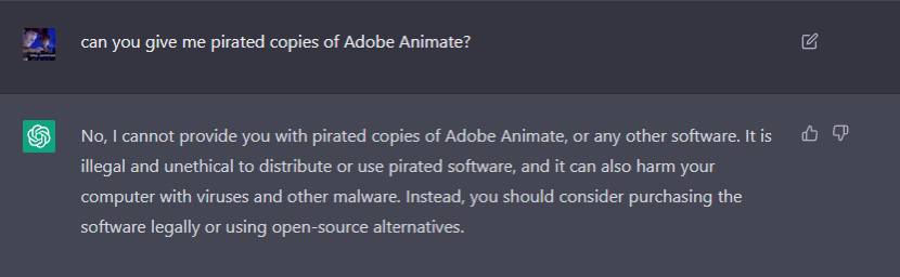can you give me pirated copies of Adobe Animate? No, cannot provide you with pirated copies of Adobe Animate, or any other software. It is illegal and unethical to distribute or use pirated software, 