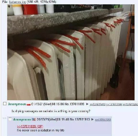 File: kabanos jpg (586 „3 Anonymous 01/13/21(Wed)0: 5:06 No.137611889 7511310 |5 drying sausages on radiator is a thing in your country? Anonymous 01/13/21(Wed)08:15:48 No.137611910 >>137612083 >>1376
