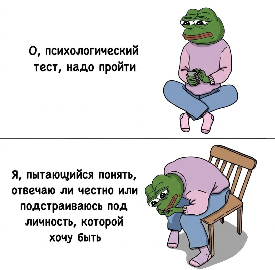 О, психологический тест, надо пройти Я, пытающийся понять, отвечаю ли честно или подстраиваюсь под личность, которой хочу быть
