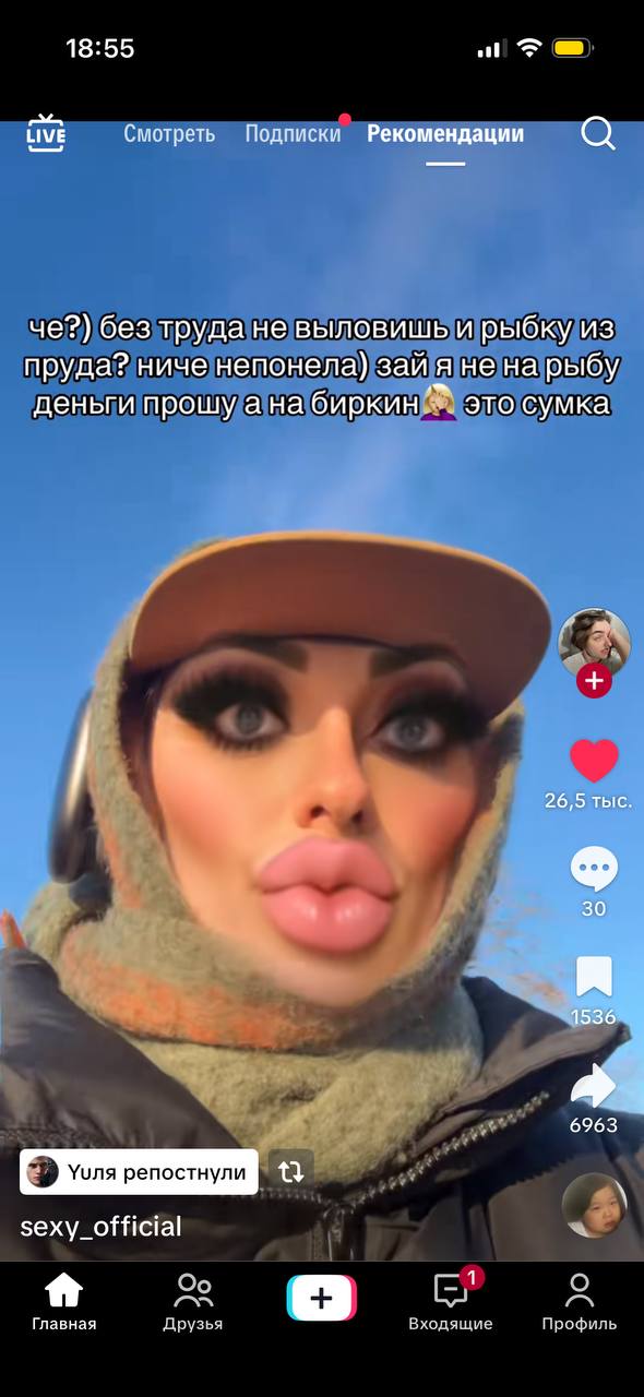 18:55 atl a= LIVE Смотреть Подписки Рекомендации че?) без труда не выловишь и рыбку из пруда? ниче непонела) зай я не на рыбу деньги прошу а на биркин это сумка 26,5 тыс 30 6963 sexy_official oN Главн