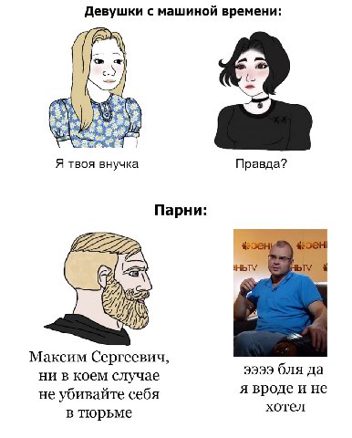 Девушки с машиной времени: Я твоя внучка Правда? Парни: Максим Сергеевич, ни в коем случае бля да не убивайте себя я вроде и не в тюрьме хотел