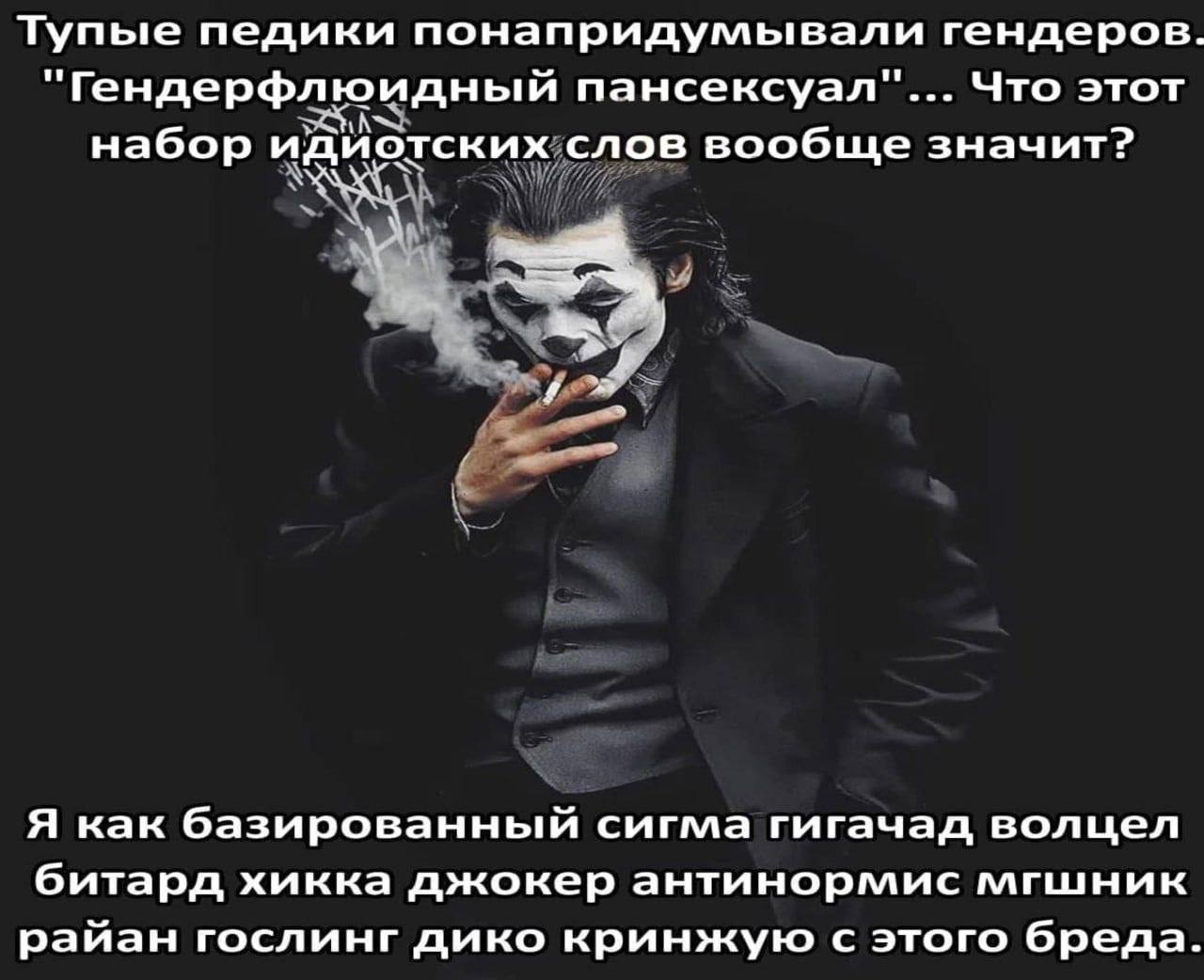 Тупые педики понапридумывали гендеров. "Гендерфлюидный пансексуал"... Что этот набор идиотских слов вообще значит? Я как базированный сигма гигачад волцел битард хикка джокер антинормис мгшник райан г